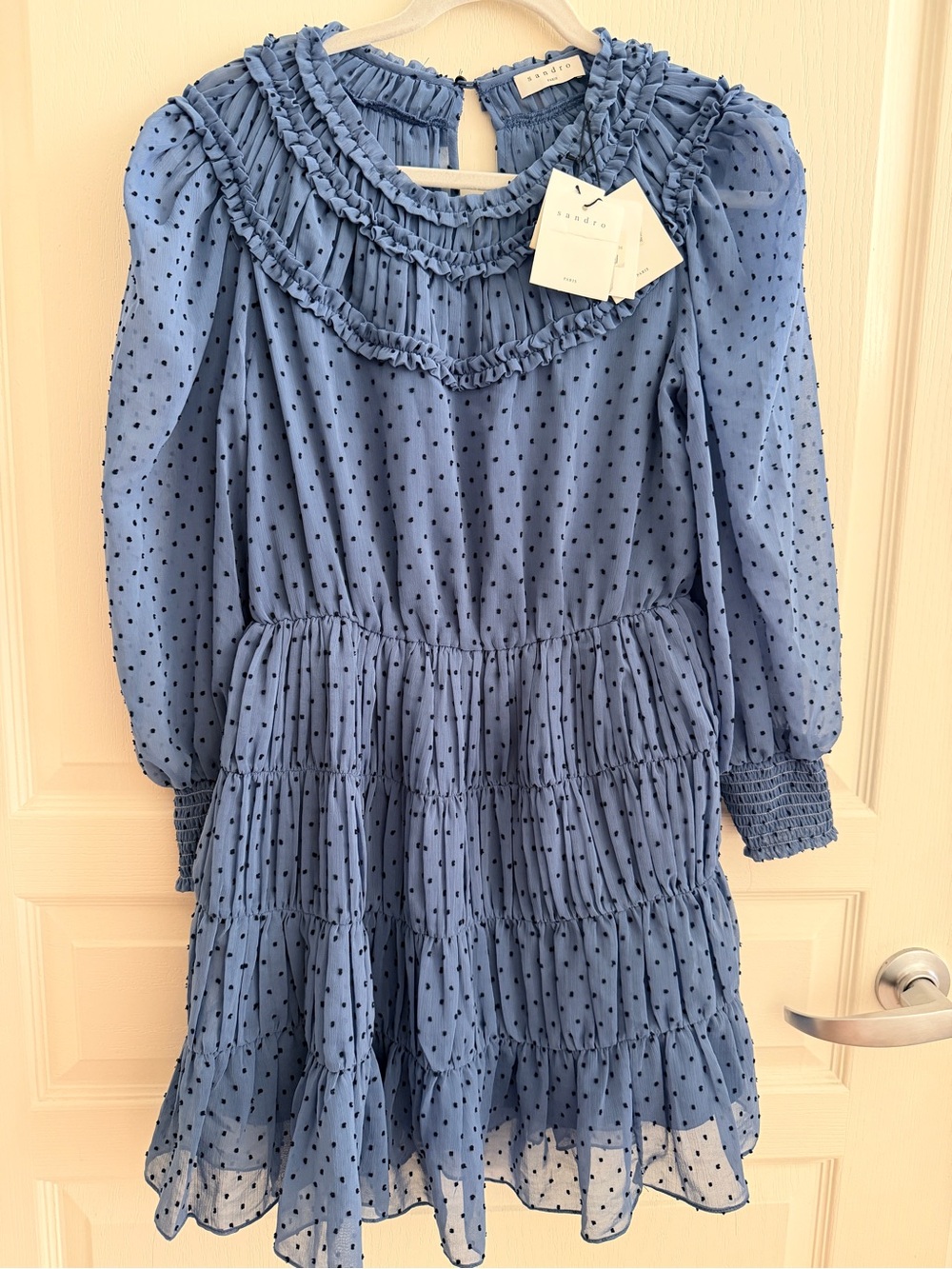 [New with Tag] Sandro Blue Polka Dot Ruffle Tiered Dress